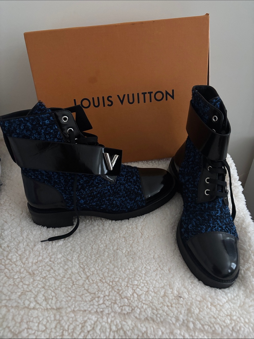 Louis Vuitton Navy Blue & Black Lace-Up Bouclé Combat Boots - Picture 2 of 4